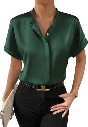 Maysoar Satin Blouses for Women Button Down Silk Shirts Batwing Sleeve Top Elegant Summer Office Work Shirt