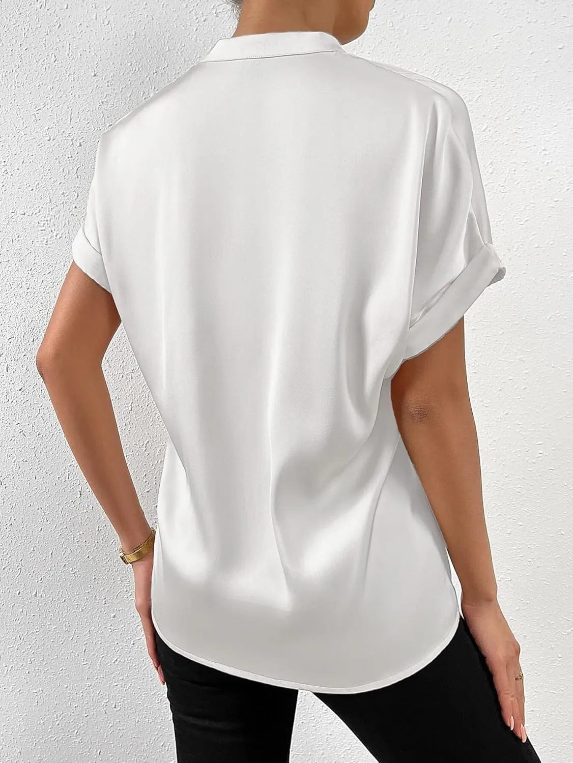 Maysoar Satin Blouses for Women Button Down Silk Shirts Batwing Sleeve Top Elegant Summer Office Work Shirt