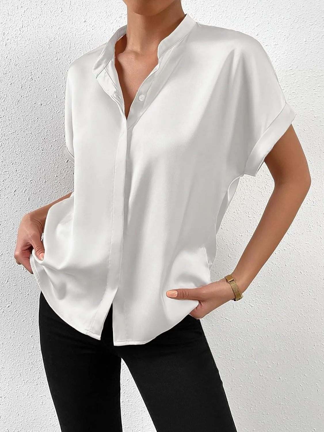 Maysoar Satin Blouses for Women Button Down Silk Shirts Batwing Sleeve Top Elegant Summer Office Work Shirt