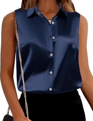 Maysoar Satin Tank Tops Button Down Silk Shirts for Women Sleeveless Top Elegant Summer Office Work Shirt