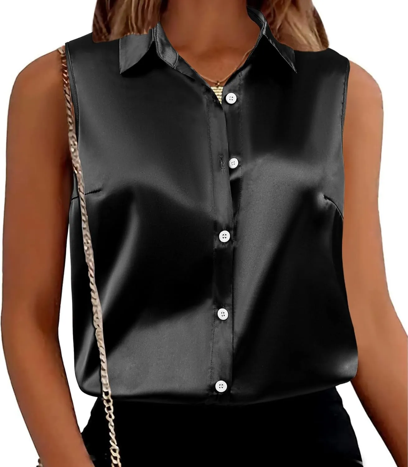 Maysoar Satin Tank Tops Button Down Silk Shirts for Women Sleeveless Top Elegant Summer Office Work Shirt