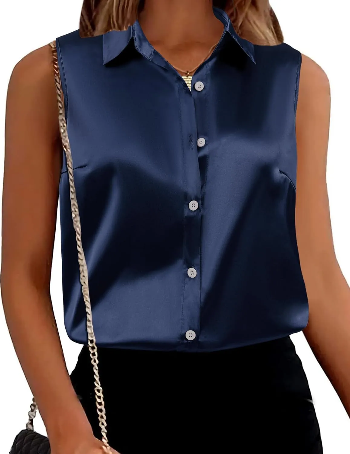Maysoar Satin Tank Tops Button Down Silk Shirts for Women Sleeveless Top Elegant Summer Office Work Shirt