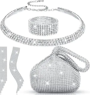 Meanplan Silver Bling Clutch Purse Rhinestone Jewelry Set 4 Pieces Crystal Dangle Fringe Earrings Bridal Wedding Choker Necklace Bracelet and Evening Clutch Bag for Women Girls