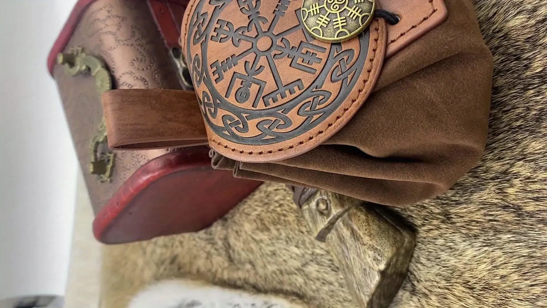 Medieval Embossed Faux Leather Belt Waist Bag, Viking Portable Fanny Pack