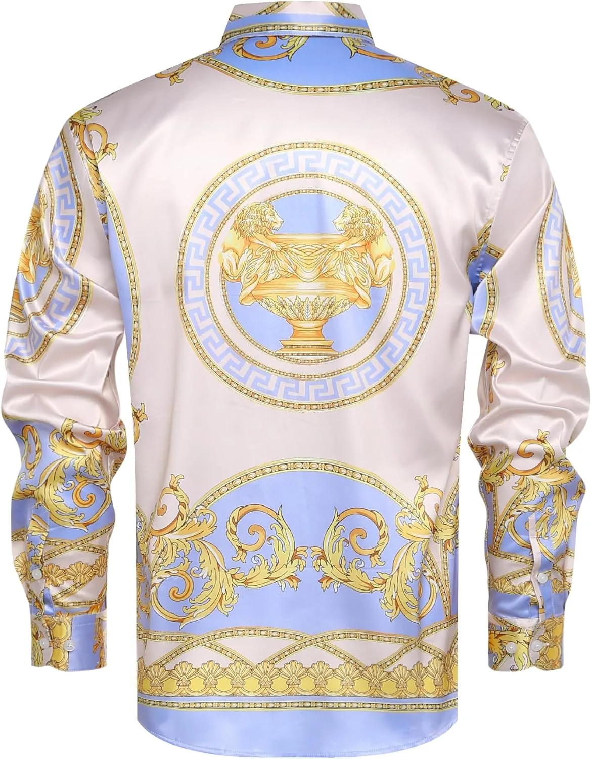 Men Gold Fashion Luxury Printed Satin Long Sleeve Button-Down Shirts Flashy Retro Gorgeous Design Party Gift Shirt