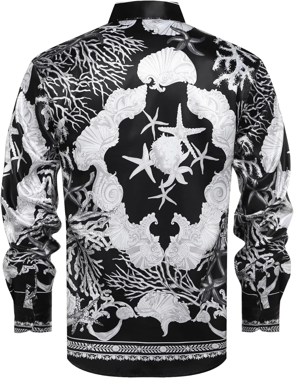 Men Gold Fashion Luxury Printed Satin Long Sleeve Button-Down Shirts Flashy Retro Gorgeous Design Party Gift Shirt