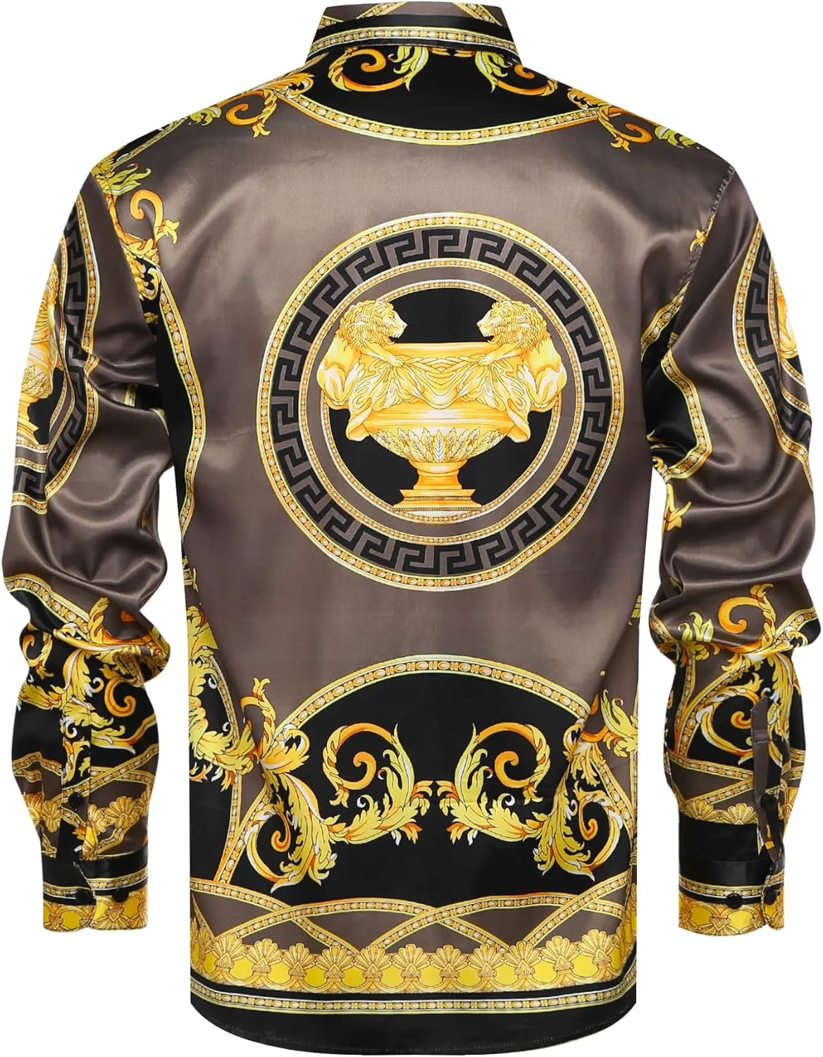Men Gold Fashion Luxury Printed Satin Long Sleeve Button-Down Shirts Flashy Retro Gorgeous Design Party Gift Shirt