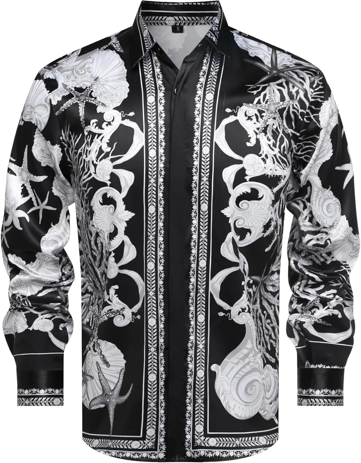 Men Gold Fashion Luxury Printed Satin Long Sleeve Button-Down Shirts Flashy Retro Gorgeous Design Party Gift Shirt