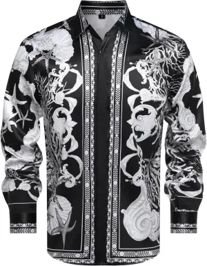 Men Gold Fashion Luxury Printed Satin Long Sleeve Button-Down Shirts Flashy Retro Gorgeous Design Party Gift Shirt