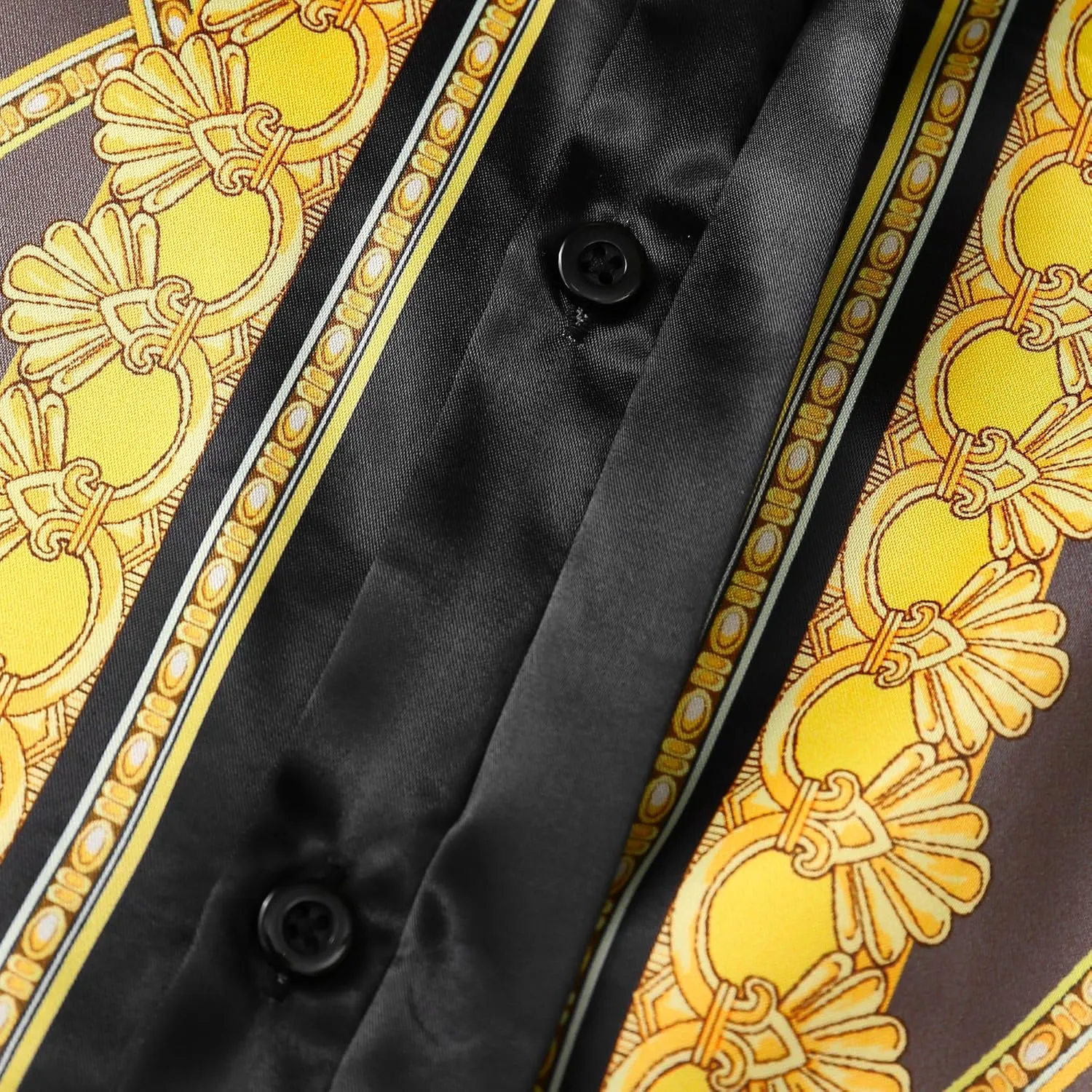 Men Gold Fashion Luxury Printed Satin Long Sleeve Button-Down Shirts Flashy Retro Gorgeous Design Party Gift Shirt