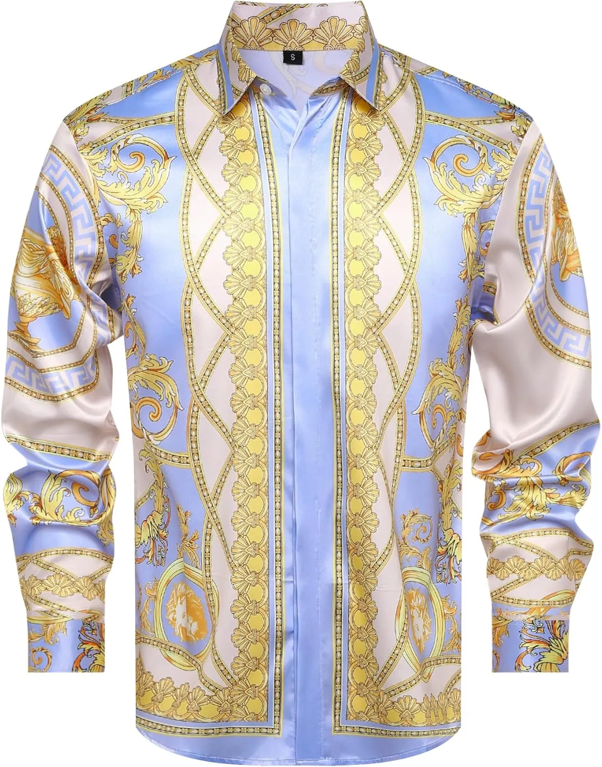 Men Gold Fashion Luxury Printed Satin Long Sleeve Button-Down Shirts Flashy Retro Gorgeous Design Party Gift Shirt