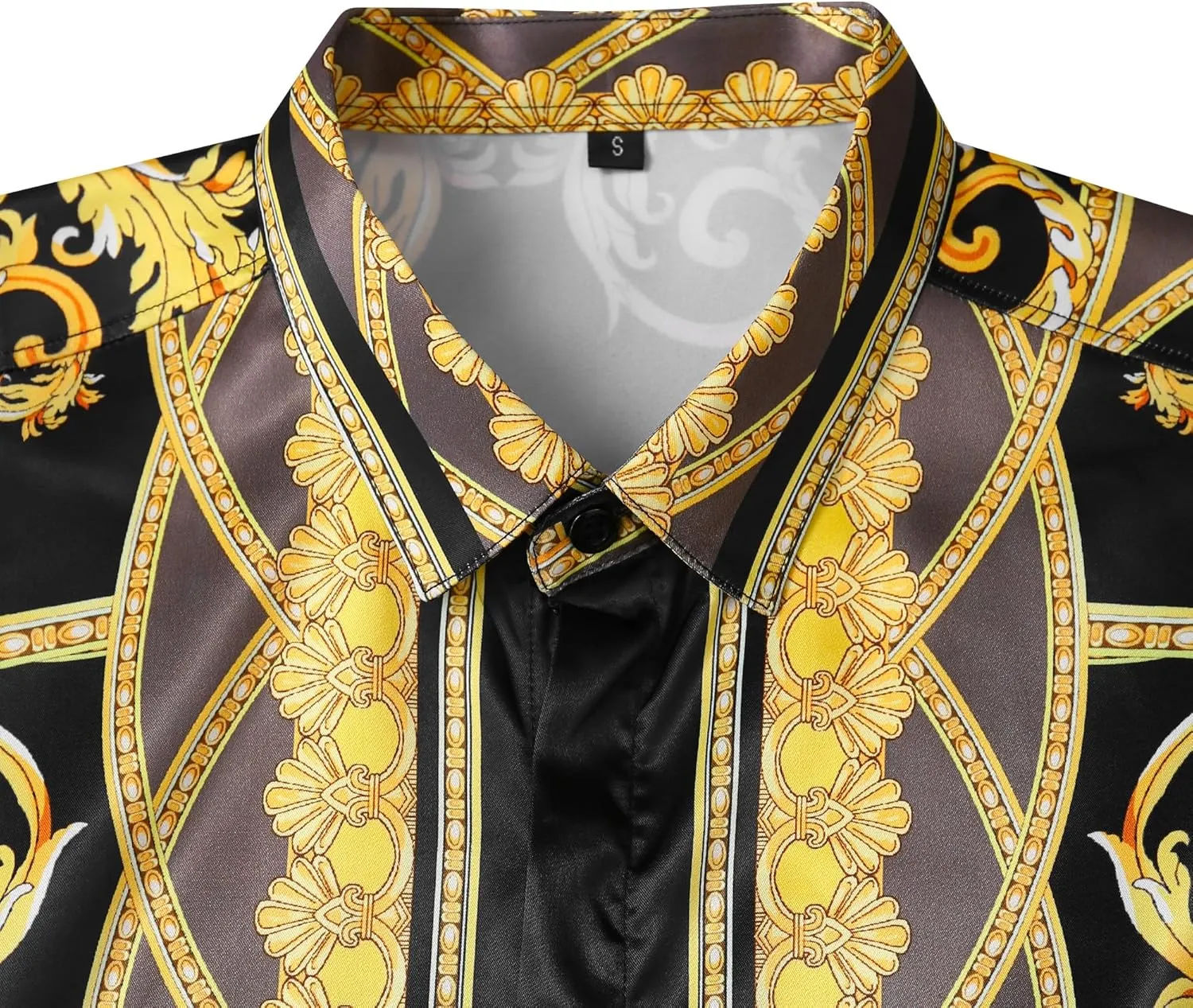 Men Gold Fashion Luxury Printed Satin Long Sleeve Button-Down Shirts Flashy Retro Gorgeous Design Party Gift Shirt