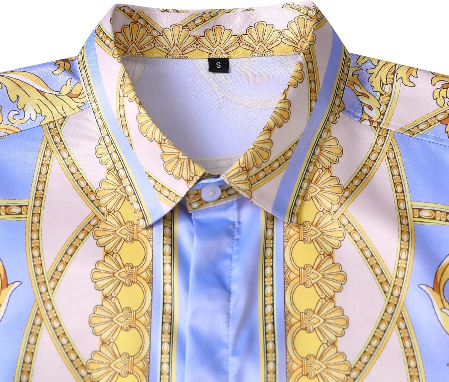 Men Gold Fashion Luxury Printed Satin Long Sleeve Button-Down Shirts Flashy Retro Gorgeous Design Party Gift Shirt