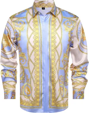 Men Gold Fashion Luxury Printed Satin Long Sleeve Button-Down Shirts Flashy Retro Gorgeous Design Party Gift Shirt