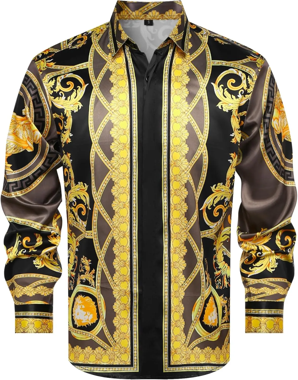 Men Gold Fashion Luxury Printed Satin Long Sleeve Button-Down Shirts Flashy Retro Gorgeous Design Party Gift Shirt