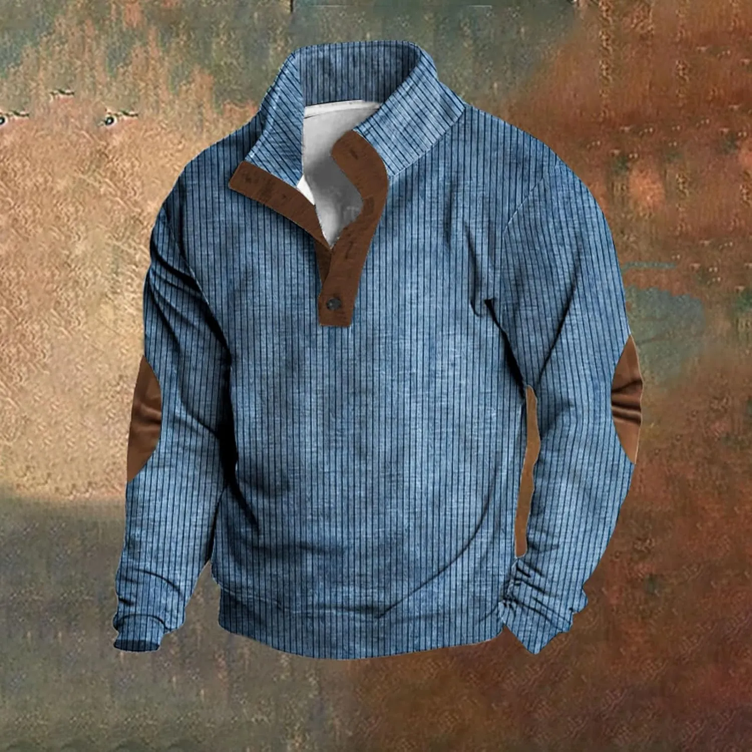 Men Plus Size Long Sleeve Sweatshirt Vintage Button Pullover Casual Shirt with Elbow Patches Soft Blouse Fall Shirt
