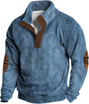 Men Plus Size Long Sleeve Sweatshirt Vintage Button Pullover Casual Shirt with Elbow Patches Soft Blouse Fall Shirt