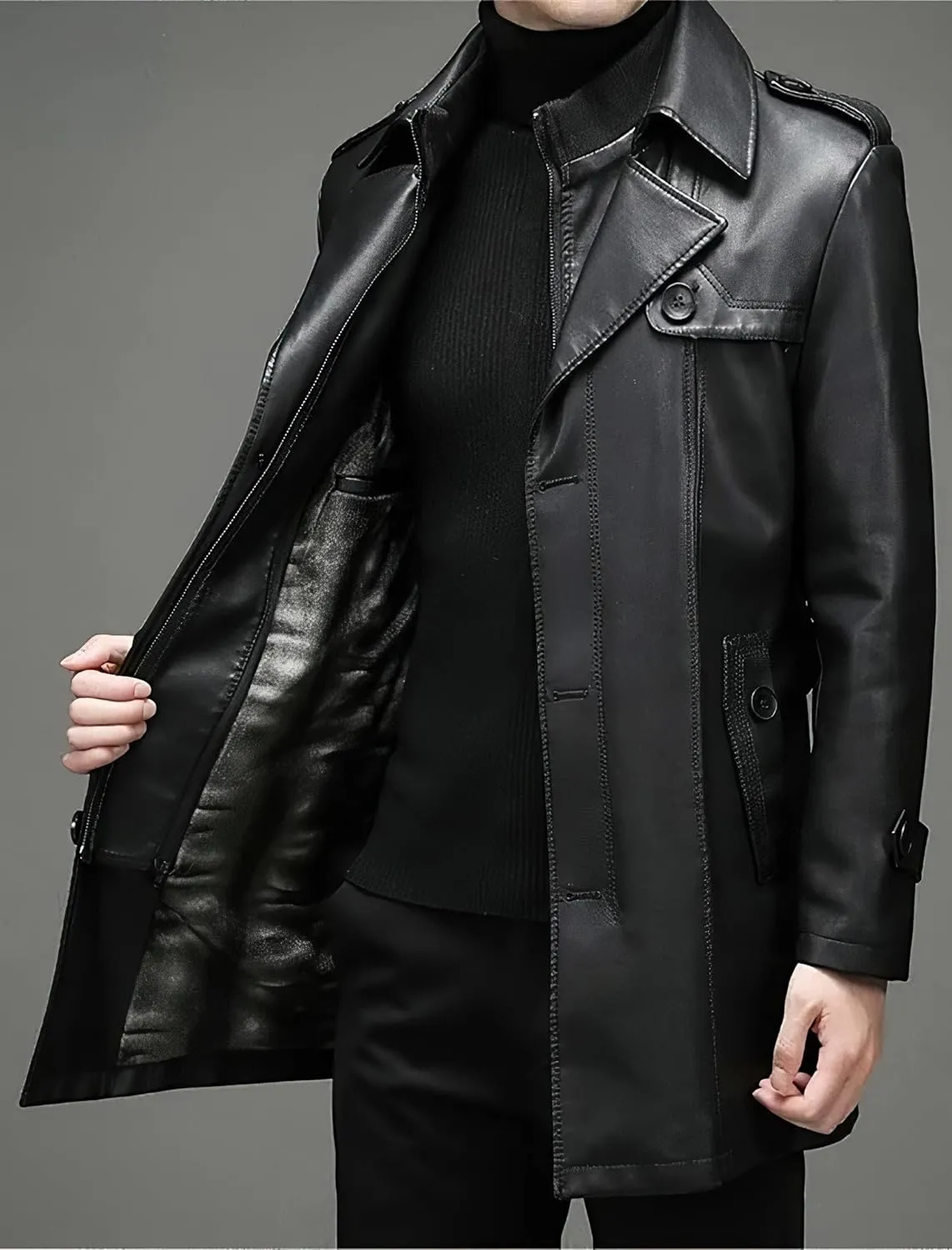 Men's Black Genuine Sheepskin Leather Single-Breasted Slim Fit Windproof Mid-Size Coat - Aviator Military Style Coat for Men