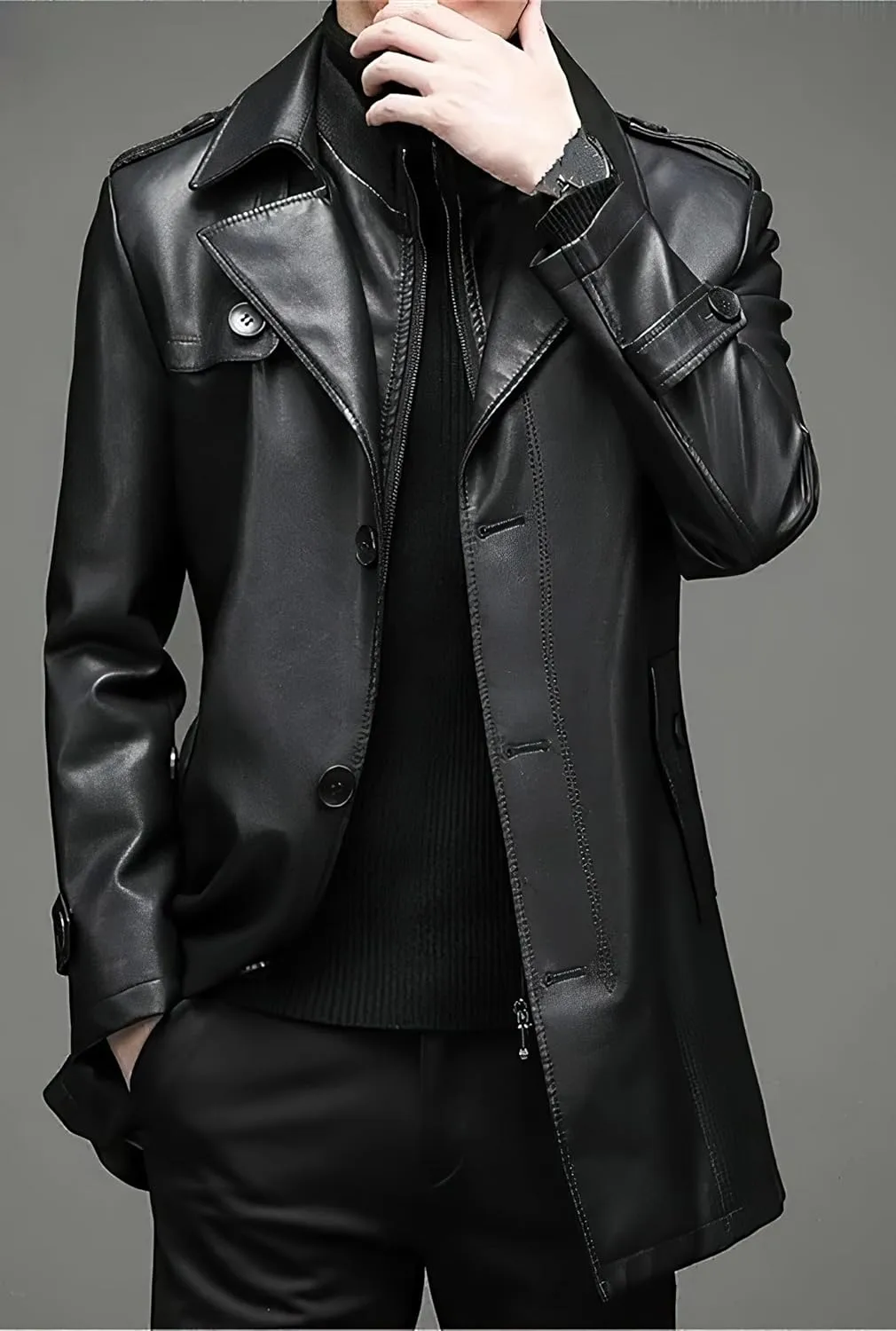 Men's Black Genuine Sheepskin Leather Single-Breasted Slim Fit Windproof Mid-Size Coat - Aviator Military Style Coat for Men