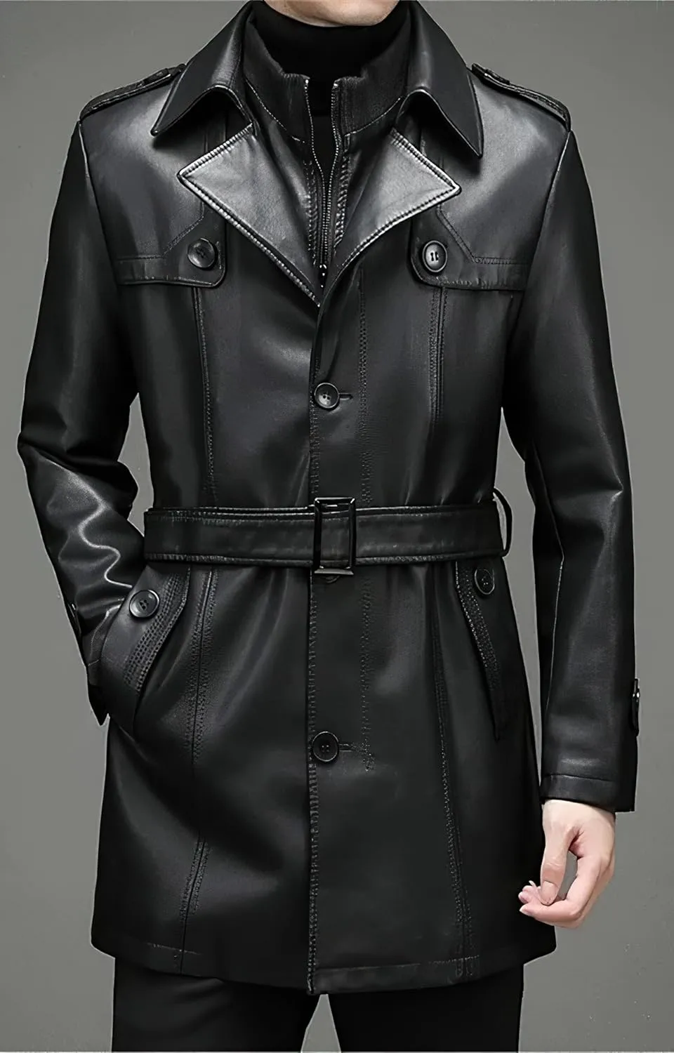 Men's Black Genuine Sheepskin Leather Single-Breasted Slim Fit Windproof Mid-Size Coat - Aviator Military Style Coat for Men