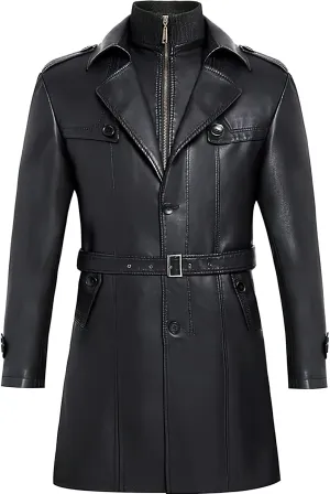Men's Black Genuine Sheepskin Leather Single-Breasted Slim Fit Windproof Mid-Size Coat - Aviator Military Style Coat for Men