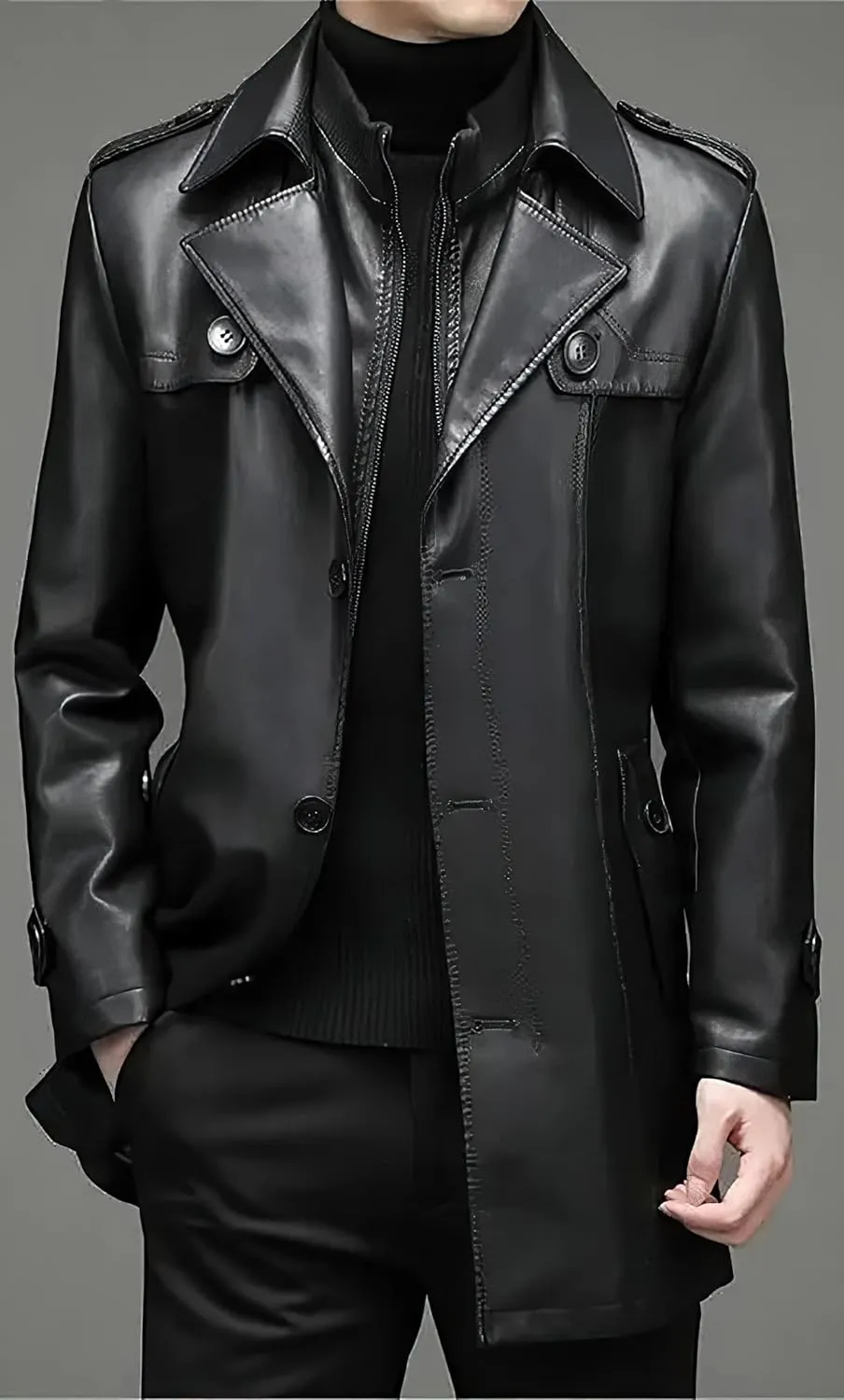 Men's Black Genuine Sheepskin Leather Single-Breasted Slim Fit Windproof Mid-Size Coat - Aviator Military Style Coat for Men