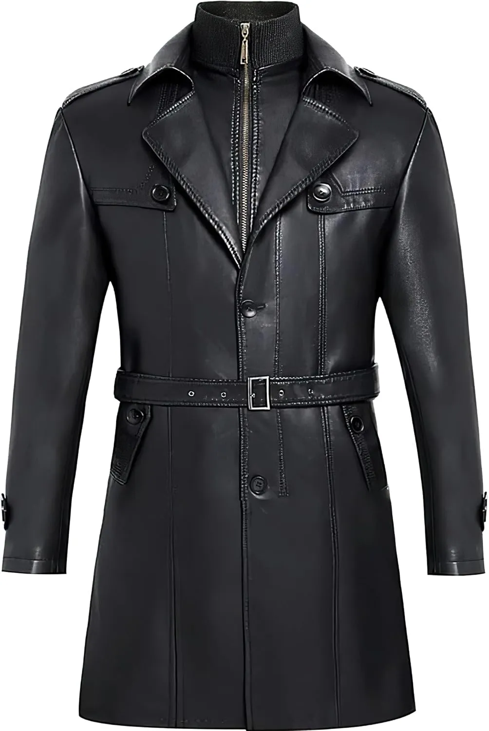 Men's Black Genuine Sheepskin Leather Single-Breasted Slim Fit Windproof Mid-Size Coat - Aviator Military Style Coat for Men