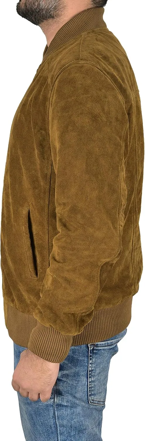 Men's Bomber Leather Jacket Khaki Suede Classic 70s Fashion Aviator Jacket 275-P