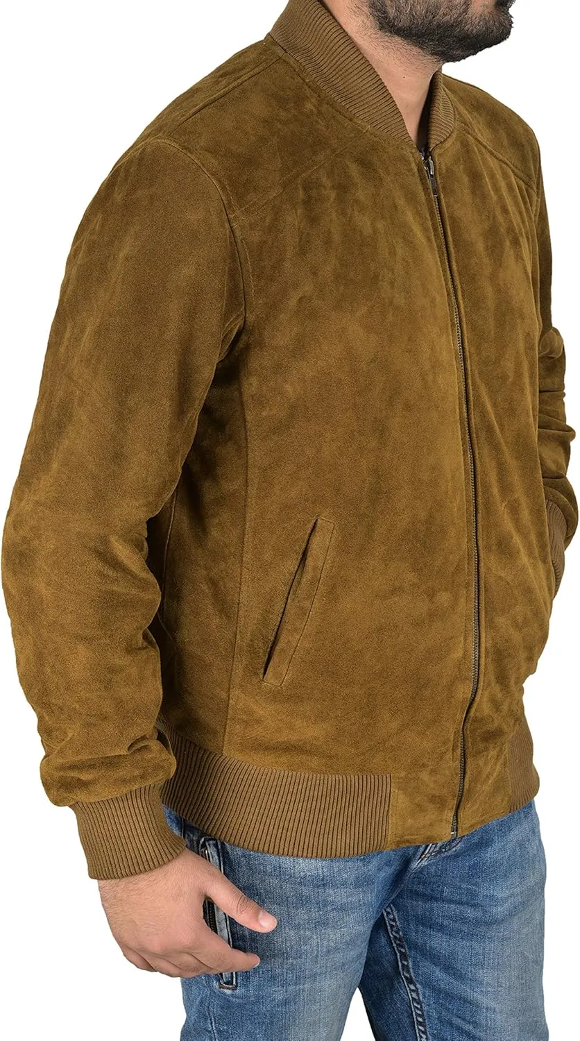 Men's Bomber Leather Jacket Khaki Suede Classic 70s Fashion Aviator Jacket 275-P
