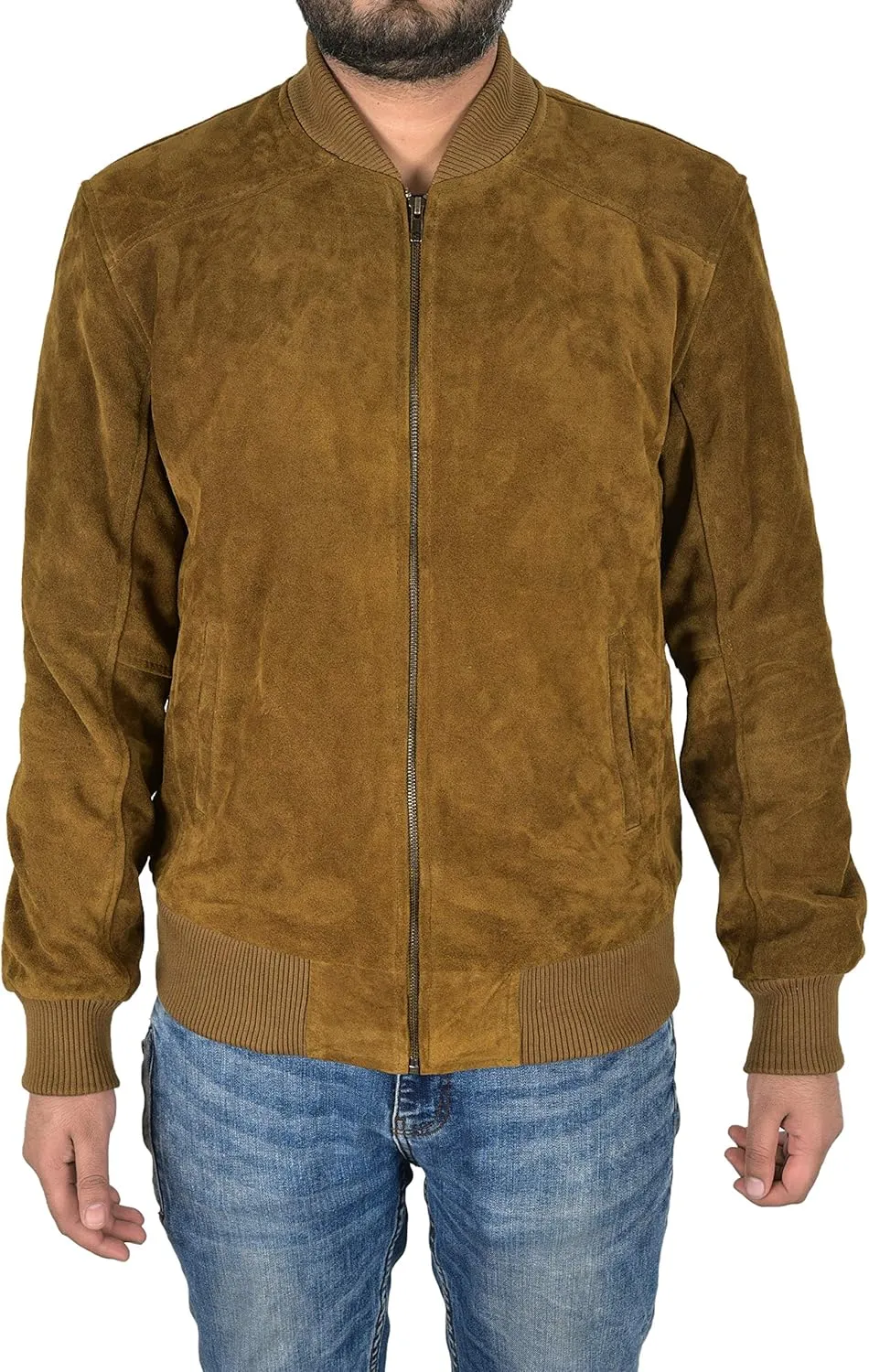 Men's Bomber Leather Jacket Khaki Suede Classic 70s Fashion Aviator Jacket 275-P