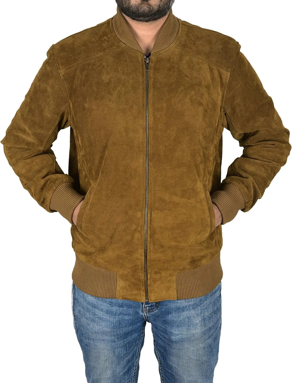 Men's Bomber Leather Jacket Khaki Suede Classic 70s Fashion Aviator Jacket 275-P