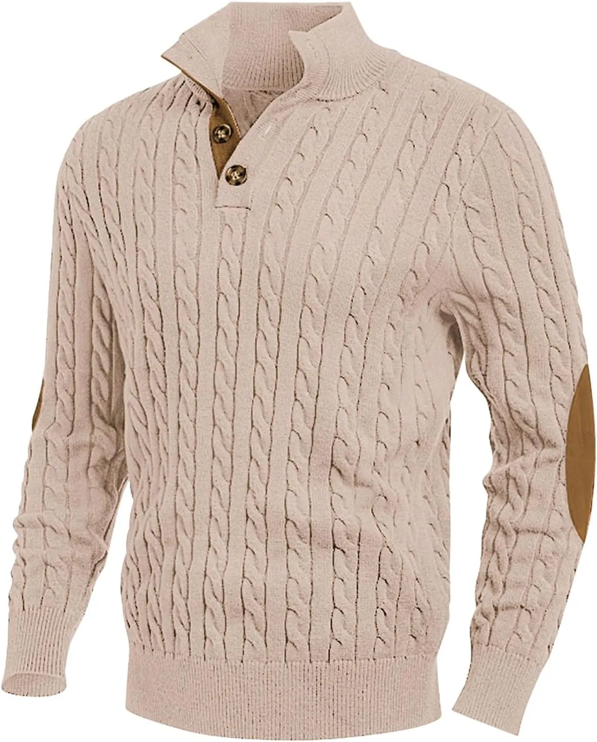 Mens Cable Knit Pullover Sweater Casual Stand Collar Button Long Sleeve Sweaters Twisted Crochet Warm Stitching Tops
