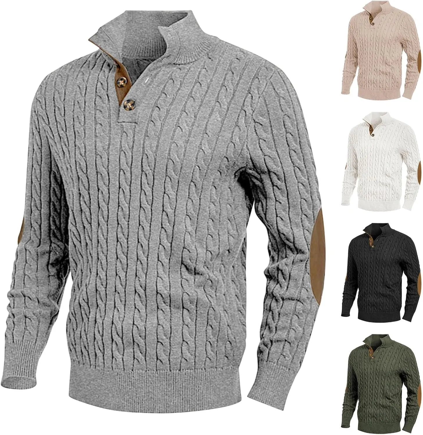 Mens Cable Knit Pullover Sweater Casual Stand Collar Button Long Sleeve Sweaters Twisted Crochet Warm Stitching Tops