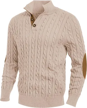 Mens Cable Knit Pullover Sweater Casual Stand Collar Button Long Sleeve Sweaters Twisted Crochet Warm Stitching Tops