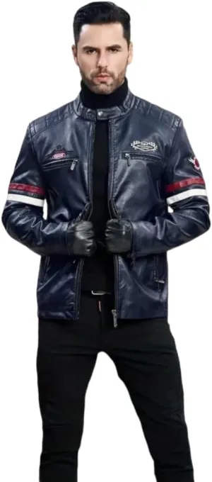 Men's Casual Stand Collar PU Faux Leather Zip-Up Motorcycle Bomber Jacket