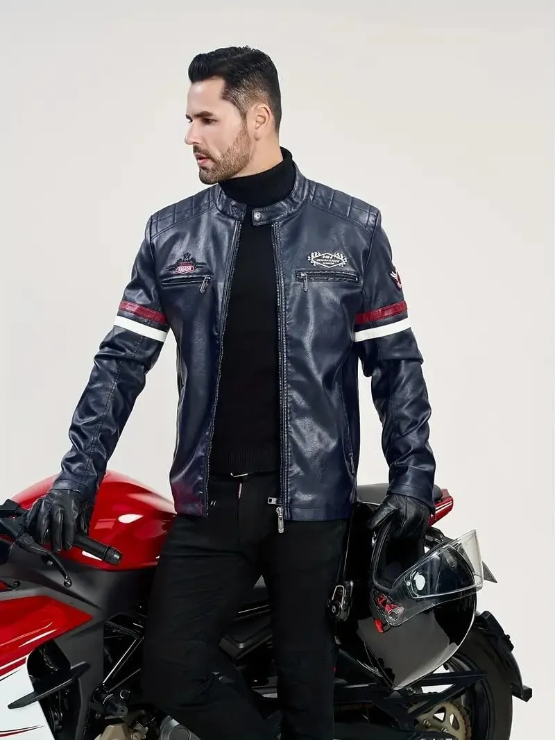 Men's Casual Stand Collar PU Faux Leather Zip-Up Motorcycle Bomber Jacket