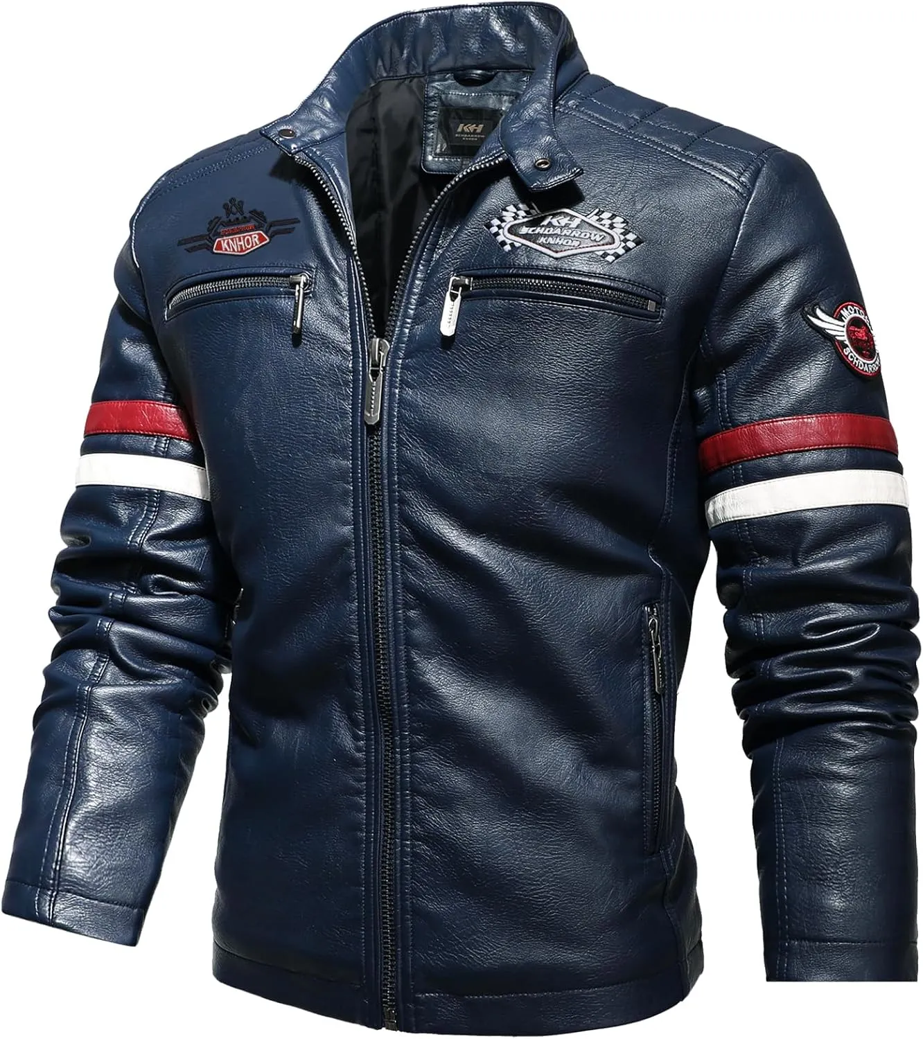 Men's Casual Stand Collar PU Faux Leather Zip-Up Motorcycle Bomber Jacket