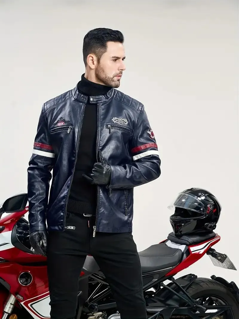 Men's Casual Stand Collar PU Faux Leather Zip-Up Motorcycle Bomber Jacket