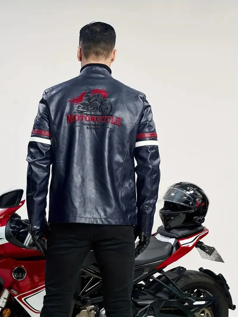 Men's Casual Stand Collar PU Faux Leather Zip-Up Motorcycle Bomber Jacket