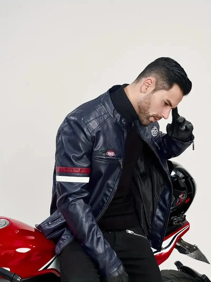 Men's Casual Stand Collar PU Faux Leather Zip-Up Motorcycle Bomber Jacket