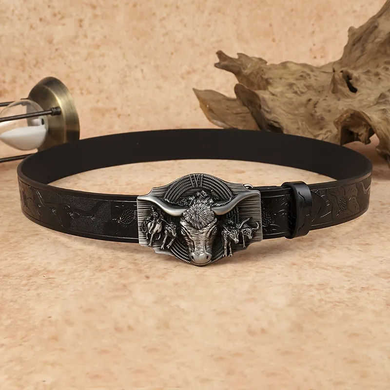 Men's Cowboy Belt w/ Bull Head Buckle Faux Leather Casual Alloy Buckle