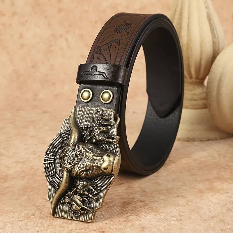 Men's Cowboy Belt w/ Bull Head Buckle Faux Leather Casual Alloy Buckle