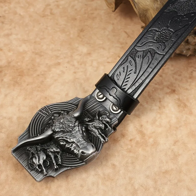 Men's Cowboy Belt w/ Bull Head Buckle Faux Leather Casual Alloy Buckle