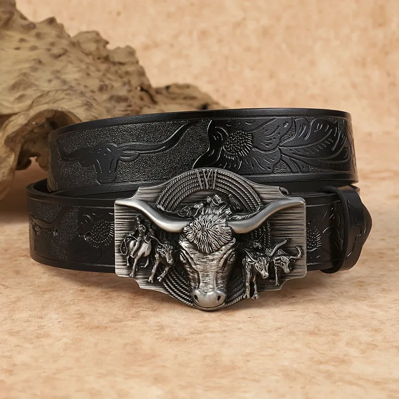 Men's Cowboy Belt w/ Bull Head Buckle Faux Leather Casual Alloy Buckle