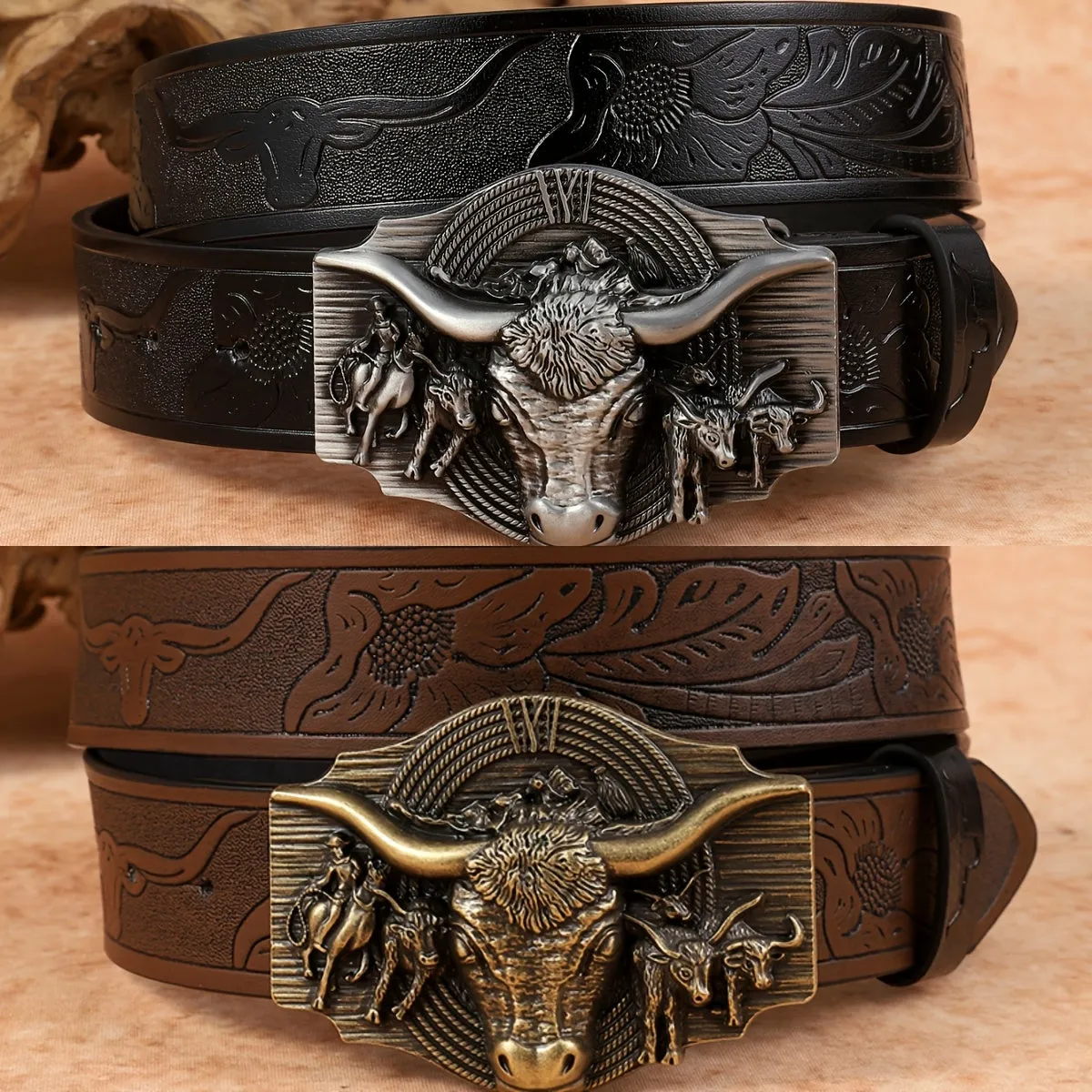 Men's Cowboy Belt w/ Bull Head Buckle Faux Leather Casual Alloy Buckle