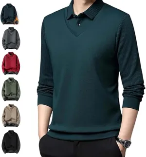 Men'S Faux Two Piece Lapel Long-Sleeve Tops,Men'S Striped Lapel Fake 2 Piece Shirt, Spring Fall Casual Fashion Base Tops