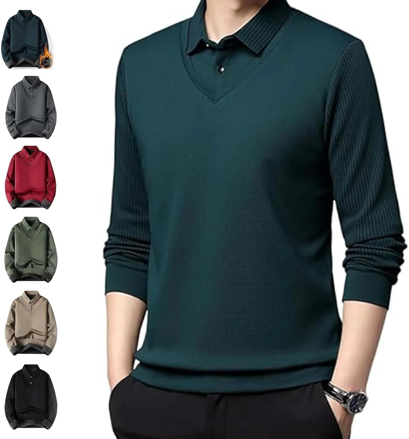 Men'S Faux Two Piece Lapel Long-Sleeve Tops,Men'S Striped Lapel Fake 2 Piece Shirt, Spring Fall Casual Fashion Base Tops