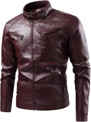 Men's Faux Zip-Up Slim Armor Leather Jacket Stand Collar PU Motorcycle Biker Outerwear Long Sleeve Coat Jackets