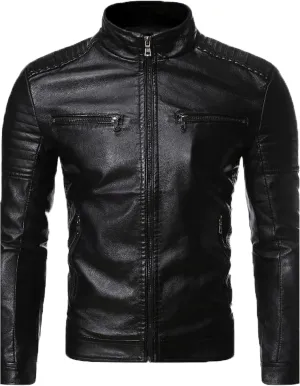 Men's Faux Zip-Up Slim Armor Leather Jacket Stand Collar PU Motorcycle Biker Outerwear Long Sleeve Coat Jackets