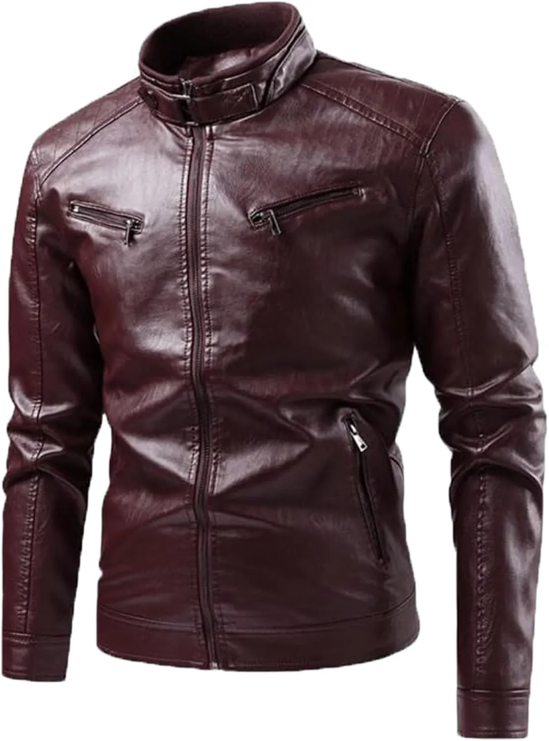 Men's Faux Zip-Up Slim Armor Leather Jacket Stand Collar PU Motorcycle Biker Outerwear Long Sleeve Coat Jackets